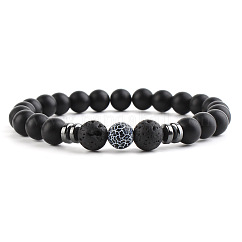 Bracelets extensibles en perles d'agate noire craquelées naturelles rondes pour femmes et hommes, avec des perles d'onyx noir givrées