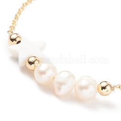 Bracciale a maglie con perla naturale e conchiglia con malocchio e catene in ottone da donna&nbsp;BJEW-JB08329-01
