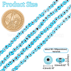 手作りのナザールボンジュウのランプワークビーズ  フラットラウンド  ライトブルー  4.5x2.5mm  穴：0.6mm  約90~100個/連  15.35''~15.75''（39~40センチメートル）  1連売り/箱&nbsp;LAMP-DC0001-06A