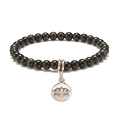 Braccialetti elastici in legno di ossidiana naturale e pietra lavica in stile 2 pezzi con charm di loto e testa di buddha&nbsp;BJEW-JB07615