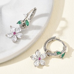 花柄真鍮製マイクロパヴェキュービックジルコニアフープピアス（女性用）  ラックめっき  長持ちメッキ  鉛フリー＆カドミウムフリー  プラチナ  24x10.5mm&nbsp;EJEW-A167-13P-01
