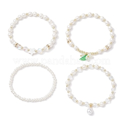 4шт 4 стиля круглые бусины из ракушек и жемчуга эластичные браслеты&nbsp;BJEW-JB12098