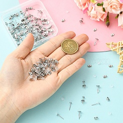 100個 2スタイル 304ステンレススチールスタッドピアス金具  304ステンレススチール製イヤーナット50個  50個のプラスチック製イヤーナット  ステンレス鋼色  12x4~6mm  ピン：0.6~0.7mm&nbsp;STAS-YW0003-44