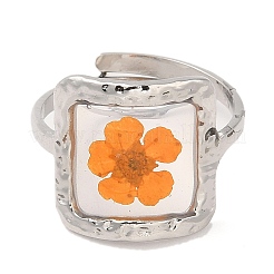 ダークオレンジの四角いエポキシ樹脂、ドライフラワーの調節可能なリング付き  316サージカルステンレスリング  ステンレス鋼色  内径：17mm&nbsp;RJEW-G304-03P-01
