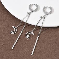 Серьги-кольца с кисточками в форме луны и звезды из нержавеющей стали 304 с кристаллами и стразами&nbsp;EJEW-G453-03P
