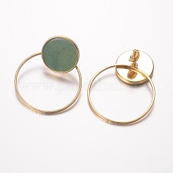 天然の緑のアベンチュリンの耳スタッド  真鍮パーツ  フラットラウンド  ゴールドカラー  40x31x1.5~3mm  ピン：0.7mm&nbsp;EJEW-G146-C02