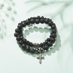 Juego de 2 pulsera elástica de 2 estilos de roca de lava natural y hematita sintética con cabeza y cruz budista de acero inoxidable 304&nbsp;BJEW-JB08289