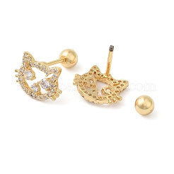 Orecchini a forma di gatto in ottone con micro pavé di zirconi cubici trasparenti&nbsp;EJEW-L289-02G-02