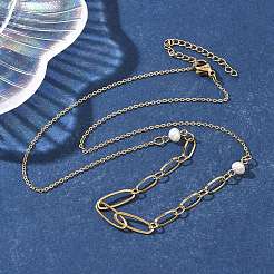 Ожерелья из овальной цепочки из нержавеющей стали 304 и стеклянного жемчуга для женщин NJEW-A045-04G-1
