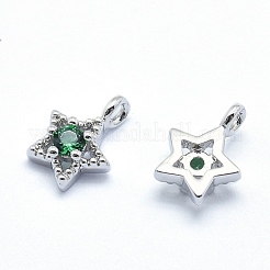 真鍮製チャーム  キュービックジルコニア付き  カドミウムフリー＆ニッケルフリー＆鉛フリー  スター  グリーン  プラチナメッキ  11x7.5x4mm  穴：2mm&nbsp;ZIRC-J040-37P-02-NR