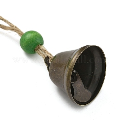 鉄の鐘の吊り飾り  家のドアの壁の装飾用の木製の丸いビーズとジュートコード  グリーン  100mm&nbsp;HJEW-JM02417-03