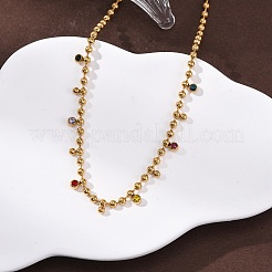 304 нержавеющая сталь шариковая цепочка цветные кубические цирконии плоские круглые кисточки ожерелья для женщин NJEW-L157-10G