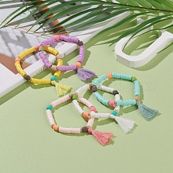 ポリマークレイヘイシビーズストレッチチャームブレスレット  真鍮製の丸いビーズと綿糸のタッセル付き  ミックスカラー  内径：2-1/8インチ（5.4cm）&nbsp;BJEW-JB05912