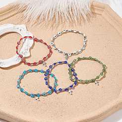 Malocchio a lume e bracciale elasticizzato con perline a colonna in acciaio inossidabile con ciondolo a croce per donna&nbsp;BJEW-JB08601