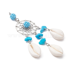 Сплетенная из сплава паутина/сетка с бусинами из синтетической бирюзы и кисточками из натуральных ракушек каури PALLOY-MZ01090