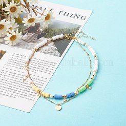 ポリマークレイビーズネックレスセット  パールと真鍮のビーズと304ステンレススチールのアズキチェーン付き  心と愛  カラフル  16.14インチ（41cm）  17.72インチ（45cm）  2個/セット&nbsp;NJEW-JN03621