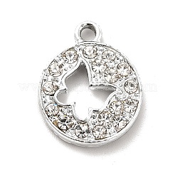 合金ラインストーンペンダント  プラチナトーンの中空フラットラウンドにバタフライチャーム  クリスタル  19x15x3mm  穴：2mm&nbsp;ALRI-C007-57P