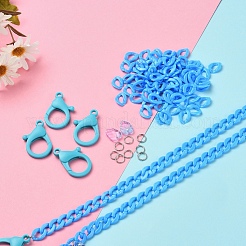 DIYマスク/ガラスチェーン製造キット  304ステンレススチール丸カン8個  80個のアクリルリンキングリング  リーフガラスチャームとプラスチックカニカン  ドジャーブルー  13.5x10.5x3.5mm  穴：1.2mm  94個/袋&nbsp;DIY-YW0002-74A