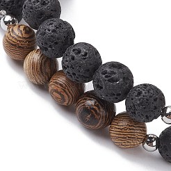 Braccialetto elasticizzato con perline rotonde in legno e pietra lavica naturale&nbsp;BJEW-JB10075-01