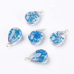 絵付けフラワーガラスチャーム  長時間のめっきされた真鍮のパーツ  ニッケルフリー  ティアドロップ  18KGP本金メッキ  ドジャーブルー  21.5~22.5x13~14.5x8~9mm  穴：1.8mm&nbsp;GLAA-K036-C05-NF