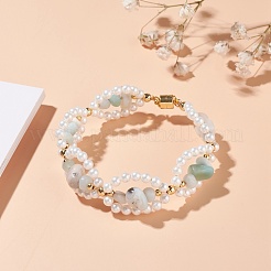 ナチュラルフラワーアマゾナイトチップ＆シェルパールビーズブレスレット  真鍮製のマグネットクラスプが付いたレイキヒーリングブレスレット  彼女のためのパールビーズリングシェイプリンクブレスレット  ゴールドカラー  7-3/8インチ（18.8cm）&nbsp;X1-BJEW-TA00029-02