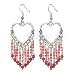 Серьги-люстры в форме полого сердца из сплава и стеклянных бисеринок с кисточками&nbsp;EJEW-MZ00685-02