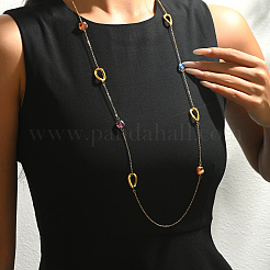Collar de cadena larga de eslabones ovalados trenzados de acero inoxidable francés con cuentas de vidrio de colores para mujer&nbsp;XI4819