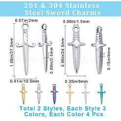 24個 6スタイル 201 & 304 ステンレススチールペンダント  剣のチャーム  ミックスカラー  24.5~27.5x9~10.5x2.5~4mm  穴：1.5~2mm  4個/スタイル&nbsp;STAS-CN0001-54