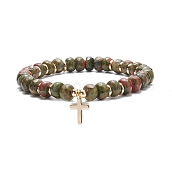 Bracciale elasticizzato con pietre preziose rotonde e perline con ciondolo a croce in ottone&nbsp;BJEW-JB08097