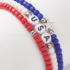 3 個 3 スタイル独立記念日ガラスビーズストレッチブレスレットセット  Word USA アクリル & アロイ スター スタッカブル ブレスレット 女性用  ミックスカラー  内径：2-1/8インチ（5.5cm）  1個/スタイル&nbsp;BJEW-TA00227