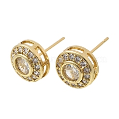 Плоские круглые серьги-гвоздики из латуни с микропаве и прозрачным фианитом&nbsp;EJEW-H180-13G