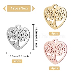 3色201ステンレススチールペンダント12個  木の心  ミックスカラー  15.5x15.5x1mm  穴：1.8mm  4個/カラー&nbsp;STAS-BC0002-75