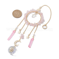 Подвески из натурального розового кварца с латунной луной и кабельной цепочкой и кисточкой из гальванического кристалла кварца&nbsp;HJEW-JM01650-04