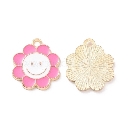 Pendente smaltati in lega, fiore con fascino volto sorridente, oro chiaro, perla rosa, 18.5x16x1.5mm, Foro: 1.8 mm