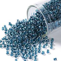Cuentas de semillas redondas toho, Abalorios de la semilla japonés, (188) color interior lustre cristal / azul capri forrado, 8/0, 3mm, agujero: 1 mm, aproximamente 1110 unidades / 50 g