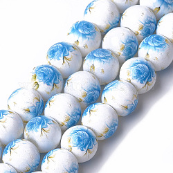 Perlas de vidrio impresas y en spray, redondo con estampado de flores, cielo azul profundo, 12~12.5x11.5mm, agujero: 1.4 mm