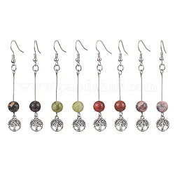4 Paar runde Perlenohrringe aus natürlichem Edelstein, Legierungsbaum-des-Lebens-Ohrringe für Frauen, 65x10 mm, 4 Farben, 1 Paar / Farbe, 4 Paare / Satz