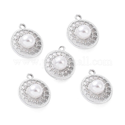 Pendenti strass in lega, con perle di plastica imitazione perla in abs, piatta fascino rotondo, platino, 22x18.5x9mm, Foro: 2.5 mm