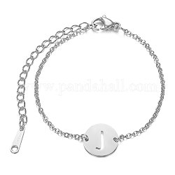 201 Stainless Steel Link Bracelets, with Cable Chains and Lobster Claw Clasps, Flat Round with Letter, Letter.J, 6 inch~6-3/4 inch(15~17.5cm), 1.5mm