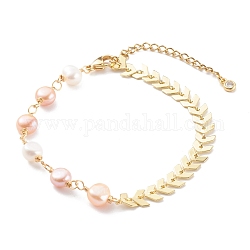 Bracelets à maillons, avec des perles de perles naturelles et des chaînes d'épis de laiton, couleur de coquillage, véritable 18k plaqué or, 7-1/4 pouce (18.5 cm)