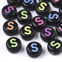 Undurchsichtigen schwarzen Acryl-Perlen, horizontales Loch, flache Runde mit gemischten Buchstaben, letter.s, 7x4 mm, Bohrung: 1.6 mm, ca. 3600 Stk. / 500 g