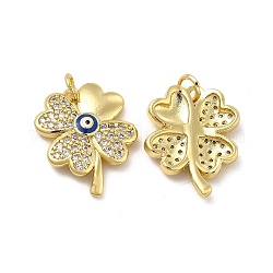 Brass Micro Pave Cubic Zirconia Pendants, with Enamel Evil Eye & Jump Ring, Clover Charm, Golden, Royal Blue, 20.5x16.5x3.8mm, Hole: 3.3mm
