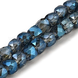 Electroplate transparentes abalorios de vidrio hebras, facetados, cubo, acero azul, 6x6x6mm, agujero: 1 mm, aproximamente 67~68 pcs / cadena, 15.5~16 pulgada (39.4~40.6 cm)