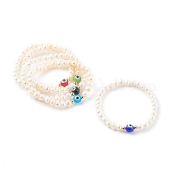 Bracelets de perles extensibles en perles naturelles, avec des perles rondes au chalumeau et des perles en laiton, véritable 18k plaqué or, couleur mixte, diamètre intérieur: 2-1/8 pouce (5.5 cm)