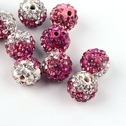 Die zweifarbige handgemachte Polymer-Disco-Kugel-Perlen, mit Glas Strass, Fuchsie, 9~10 mm, Bohrung: 2 mm