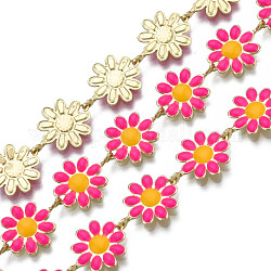 Messing Blumengliederketten, mit Emaille, ungeschweißte, echtes 16k vergoldet, tief rosa, 13.5~14x9.5~10x1 mm