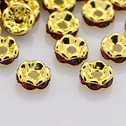 Perles séparateurs en laiton avec strass, Grade a, bord ondulé, métal couleur or, rondelle, siam, 8x3.8mm, Trou: 1mm