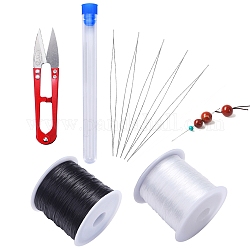 Schmuck Werkzeug-Sets, inklusive Kunststoffperlenbehälter, Eisen zusammenklappbare Nadeln mit großen Augenperlen, elastischer Perlenfaden, Edelstahl-Schere, weiß, 11x2.2x1 cm