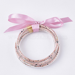 PVC Plastic Buddhist Bangle Sets, Jelly Bangles, with PU Leather Cords Inside and Polyester Ribbon, Pink, 2-1/2 inch(6.3cm), 5pcs/set