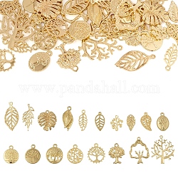 Pandahall 36 pièces 18 styles pendentifs en alliage de placage de rack, charme feuille & arbre, or clair, 14~32x8~26x1~2mm, Trou: 0.8~2.5mm, 2 pièces / style